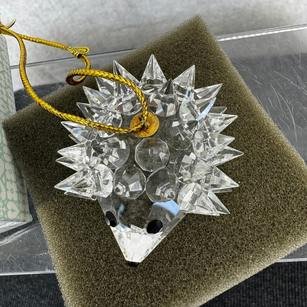 Vtg Cut Crystal Hedgehog Ornament Christmas Holiday Figurine Gold Cord Box - Picture 2 of 11
